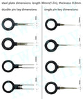 11 Piece Automotive Terminal Removal Key Kit With Connector Pin Release Tool Set showing various pin key sizes and measurements.