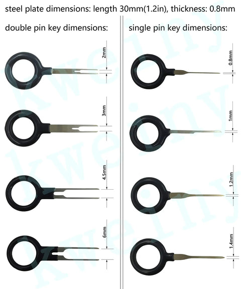 11 Piece Automotive Terminal Removal Key Kit With Connector Pin Release Tool Set showing various pin key sizes and measurements.