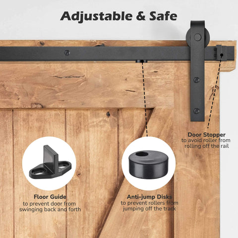 6.6 Ft Sliding Barn Door Hardware Kit for Heavy Duty Closet and Cabinet Doors installed, showing roller and door stopper system.