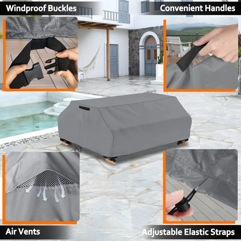 Waterproof Picnic Table Cover For 6 Ft Bench Set Windproof All Weather Gray Patio Table Protector with straps and handles.