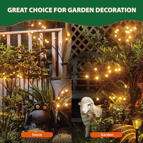 Solar Powered Firefly Lights 8 LED Outdoor Garden Lights on fence and garden with warm white glow, enhancing patio and backyard decor.