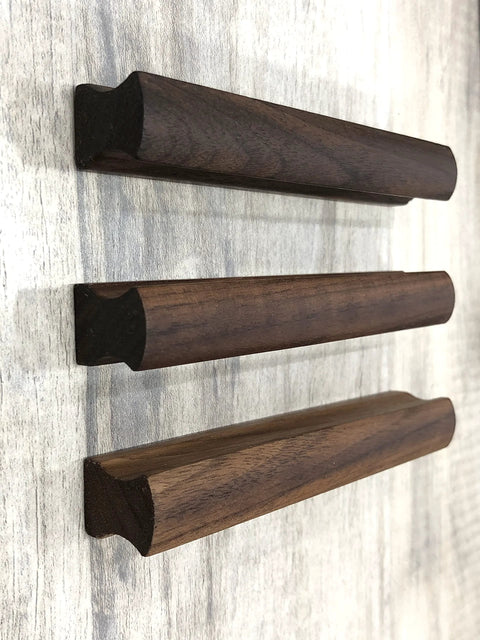 Side view of 12 Pack Walnut Wood Drawer Pulls, 5.12 Inch Long, Two Hole Cabinet Hardware With Screws, Hole Spacing 3.78 Inch 96 mm