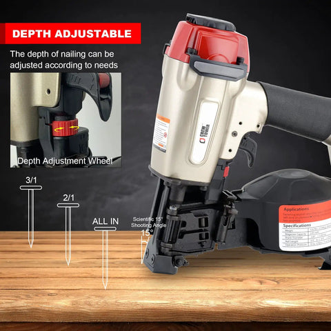 Heavy Duty Pneumatic Roofing Nailer For Shingles Accepts Three Quarter Inch To One And Three Quarter Inch Nails Fifteen Degree Coil Nailer Detail