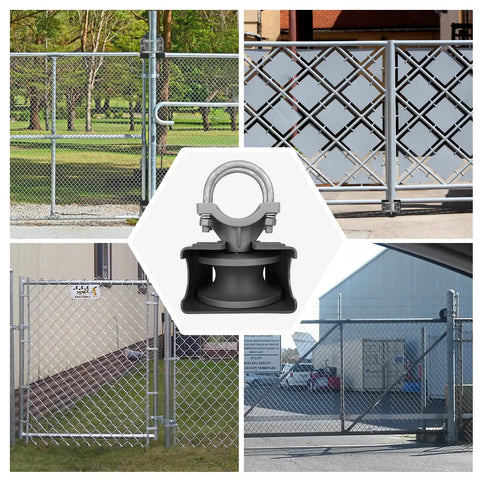 Collage of gates and 4 Pack Sliding Gate Rollers With Protective Wheel Covers, Nylon Cantilever Rollers For 2 3/8 Or 2 1/2 Inch Gate Frames And 4 Inch Round Posts, Chain Link Fence Parts, Cantilever Rail Gate Kit With Curved Cover Built To Last