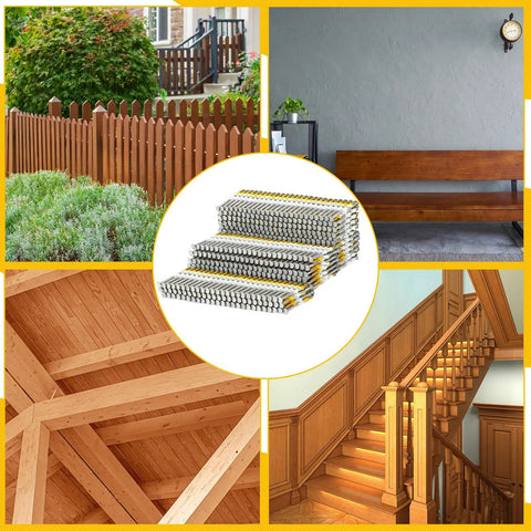 1000 Count 2 Inch Framing Nails With Ring Shank And Flat D Head 21 Degree Galvanized Plastic Collated Strip used in various wooden constructions.