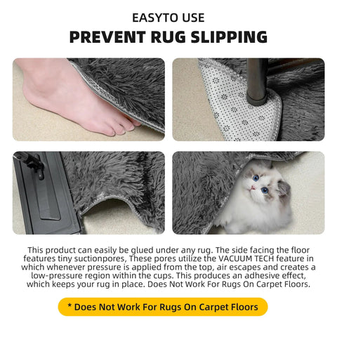 Collage showing 8 Pack Non Slip Rug Grippers For Hardwood Floors Washable And Reusable Carpet Tape in use with foot and cat.