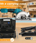 Precision Track Saw Parallel Guide System Featuring Micro Adjustable Flip Stop And Zero Calibration Fence For Exact 0.001 Inch Rip Cuts with carrying case and parts.
