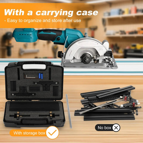 Precision Track Saw Parallel Guide System Featuring Micro Adjustable Flip Stop And Zero Calibration Fence For Exact 0.001 Inch Rip Cuts with carrying case and parts.