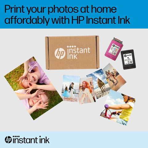 Box and cartridges of HP Instant Ink with printed photos and vibrant colors on display.