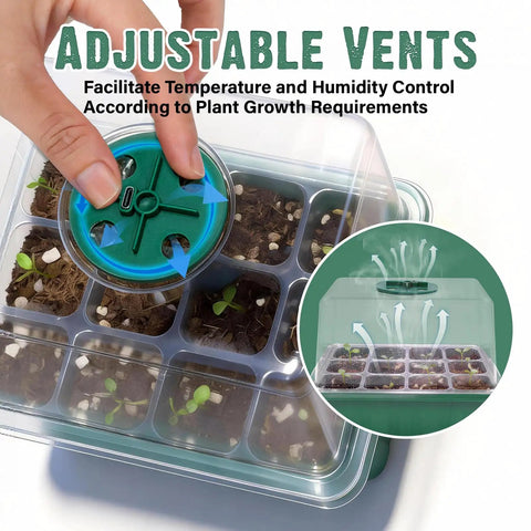 Six Pack Seed Starter Kit With Grow Light And 72 Cell Plant Starter Trays with adjustable vents for humidity control