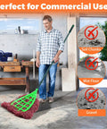Tough As Nails Commercial Yard Broom With Reinforced Frame And Extra Long Handle for heavy duty outdoor sweeping in a garage.