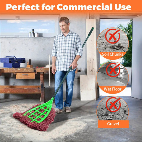 Tough As Nails Commercial Yard Broom With Reinforced Frame And Extra Long Handle for heavy duty outdoor sweeping in a garage.