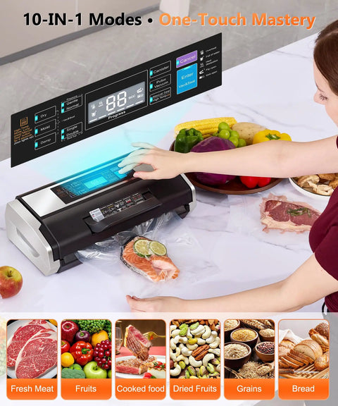 Person using Beast 95KPa Vacuum Sealer Machine For Home Cooks And Pros, Fully Automatic with 10-In-1 System on salmon
