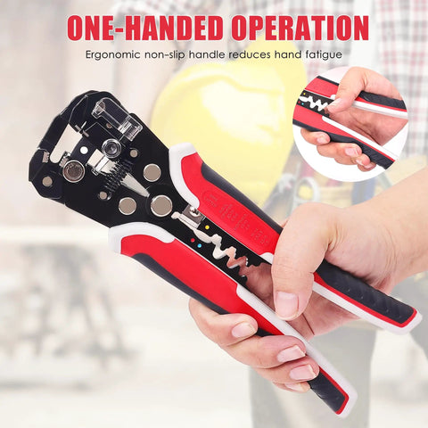 Person holding Self Adjusting Wire Strippers 3 In 1 Stripper Cutter Crimp Tool For 10 To 24 AWG Heavy Duty