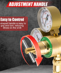 Argon/CO2 welding regulator with dual gauges on brass body and T-handle adjustment for TIG/MIG.