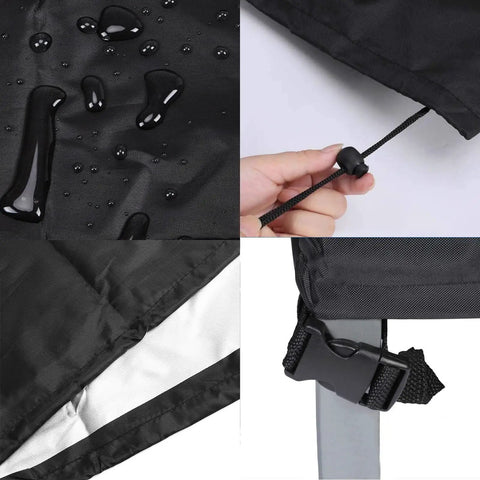 Close-up of Waterproof 2 Seater Outdoor Bench Cover showing water resistance, drawstring, buckle, and fabric liner details.