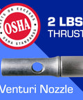 Venturi nozzle of Long John Safety Air Gun with 12 Inch Aluminum Extension, OSHA compliant, 2 lbs thrust shown on blue background.