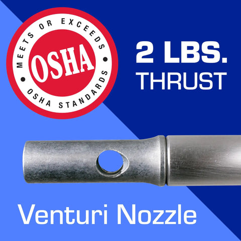 Venturi nozzle of Long John Safety Air Gun with 12 Inch Aluminum Extension, OSHA compliant, 2 lbs thrust shown on blue background.