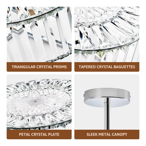 Modern Crystal Flush Mount Ceiling Light Fixture Dope with 12 Inch Round Crystal Shade showing prisms, baguettes, plate, canopy