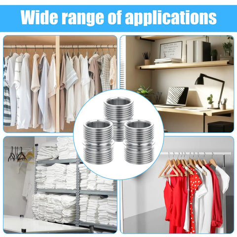 Heavy Duty Wire Shelving Pole Connectors And 8 Pack Coarse Thread Mounting Rods shown on different shelving setups for versatile storage.