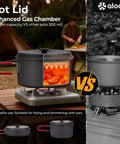 Durable Camping Cookware Set With Portable Pots And Pans For Outdoor Backpacking, lightweight hard anodized aluminum pot on stove.