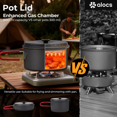 Durable Camping Cookware Set With Portable Pots And Pans For Outdoor Backpacking, lightweight hard anodized aluminum pot on stove.