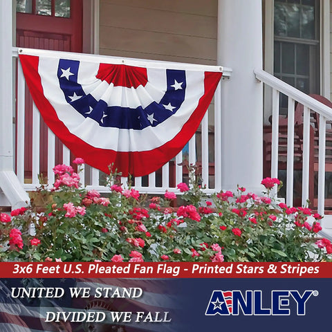 Patriotic 3 By 6 Feet Pleated Fan US Flag Half Fan Banner With Canvas Header And Brass Grommets displayed on porch railing