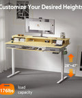 WALKINGDESK 55 Inch Electric Standing Desk With Keyboard Tray Height Adjustable Sit Stand Table Featuring Two Drawers Ergonomic Home Office Computer Desk With Convenient Storage Shelf Sleek Oak Finish For Productive Work in a home office setup, adjustable height of 28 to 47 inches.
