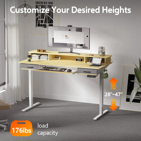 WALKINGDESK 55 Inch Electric Standing Desk With Keyboard Tray Height Adjustable Sit Stand Table Featuring Two Drawers Ergonomic Home Office Computer Desk With Convenient Storage Shelf Sleek Oak Finish For Productive Work in a home office setup, adjustable height of 28 to 47 inches.
