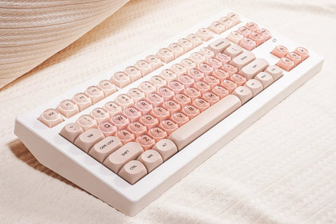 Clean 80 Percent Wireless Mechanical Keyboard In Soft Pink Creamy Build Featuring Jelly Moa Profile Transparent Keycaps.