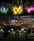 Three colorful 3 Pack Solar Butterfly Garden Lights Waterproof Led Color Changing Stakes for patio and yard decoration.