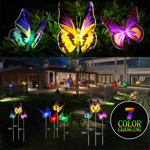 Three colorful 3 Pack Solar Butterfly Garden Lights Waterproof Led Color Changing Stakes for patio and yard decoration.