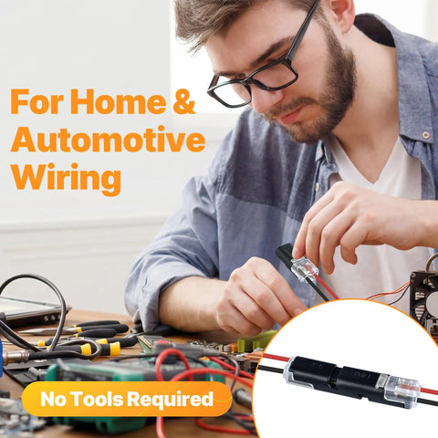 Man assembling wire connections for home automotive use with Plug In Wire Connectors With Locking Buckle Two Pin Double Wire Connector