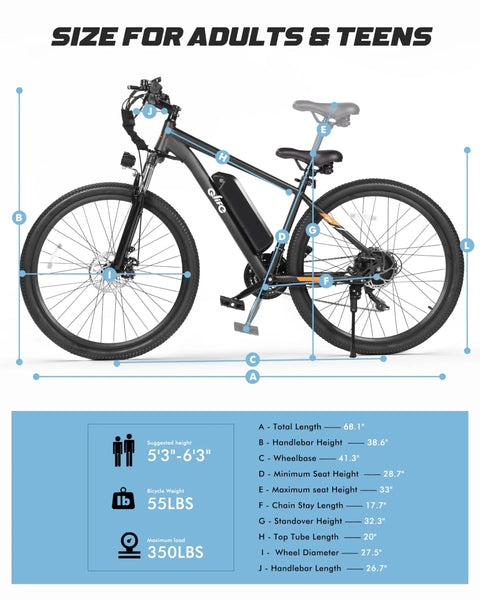 Side view of Gnarly Urban Electric Mountain Bike for adults and teens, showing dimensions and features in black color.