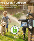 Two Zone Solar Water Timer for Garden Hose with Auto Manual Rain Delay Modes in garden with dog and child, solar charging