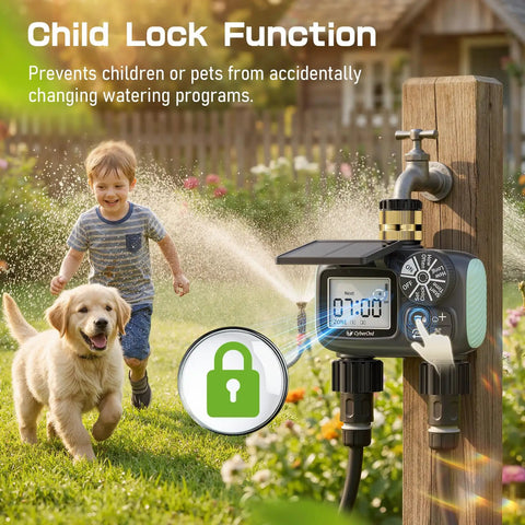 Two Zone Solar Water Timer for Garden Hose with Auto Manual Rain Delay Modes in garden with dog and child, solar charging