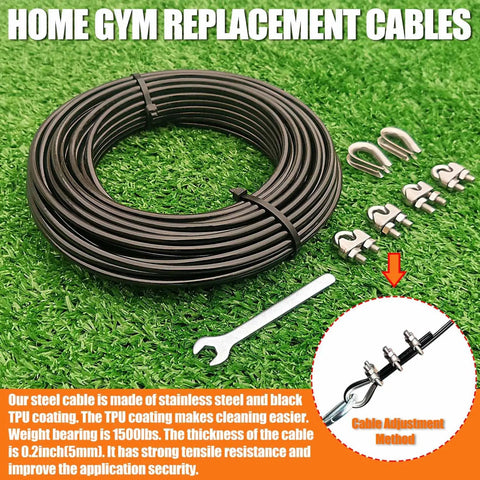 Beefy Pulley Cable Replacement For Home Gym 65.6 Ft Or 98.4 Ft Length 5mm TPU Coated Stainless Steel Wire Rope 1500 Lb Load Rating