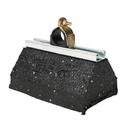 Heavy Duty Rubber Cushion Strut Clamp With Yellow Zinc Finish Three Quarter Inch CTS Ten Pack USA Made Noise And Vibration Dampening Durable Corrosion Resistant Pipe Mount Clamp, side view on block.