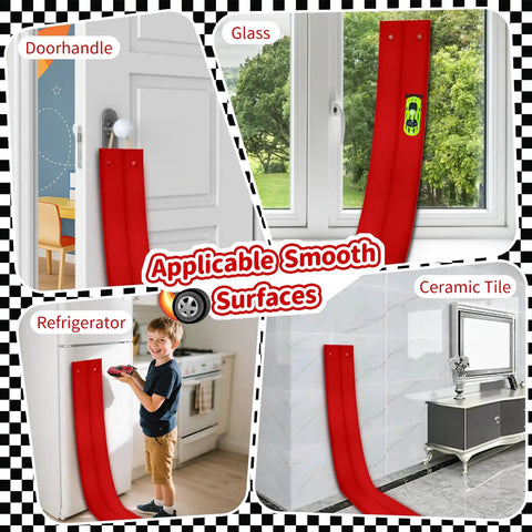 16 Ft Flexible Race Track With Suction Cups for Diecast 1 64th Cars on door, glass, refrigerator, and tile surfaces.
