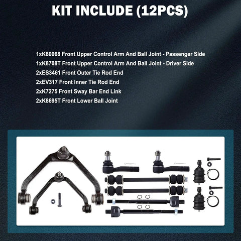 10Pcs Front Upper Control Arm And Ball Joint Kit For Ford Explorer 1995-2001, Explorer Sport Trac 2001-2005, Ranger 1998-2011, Mazda B2500 B3000 B4000 1998-2005, Mercury Mountaineer 1997-2001, 12-piece suspension parts set