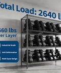 Rock Solid 4 Tier Metal Storage Shelves Heavy Duty Industrial Grade Garage Organization Rack 47 Inches Wide loaded with dumbbells, 2640 lb total capacity.