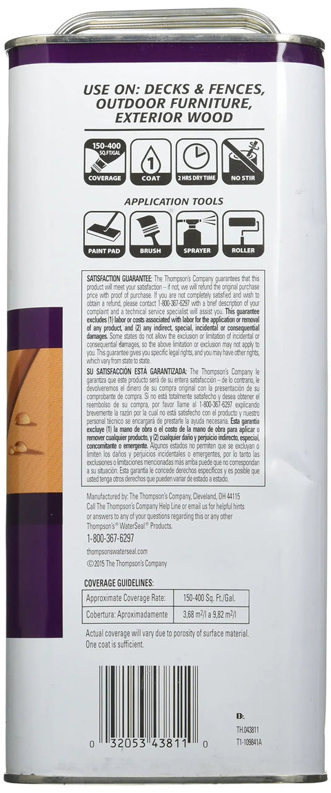 Back label of Solid Waterproofing Stain For Wood Maple Brown 1 Gallon, application instructions visible.