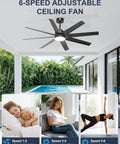 Top Shelf Sixty Inch Black Ceiling Fan With Bright Light For Patios Porches And Living Rooms Delivers Badass Airflow Using Eight Slick Abs Blades And Easy Three Way Wall Control in a modern outdoor setting.