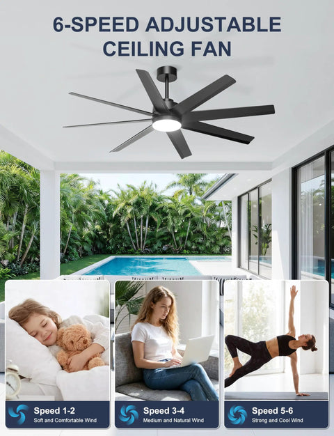 Top Shelf Sixty Inch Black Ceiling Fan With Bright Light For Patios Porches And Living Rooms Delivers Badass Airflow Using Eight Slick Abs Blades And Easy Three Way Wall Control in a modern outdoor setting.