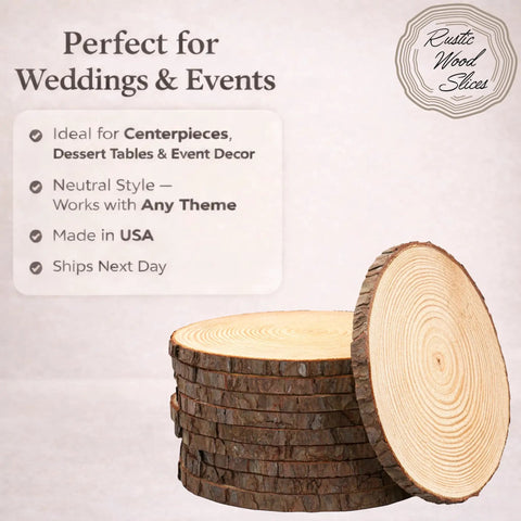 Ten 13-14 Inch Wood Slices For Go-To Centerpieces Set Of 10 Rustic Wood Rounds For Weddings And Events, USA-Made Kiln-Dried