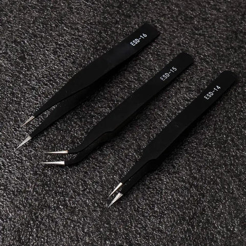 Pro Grade ESD Safe Tweezers Set, 7 Piece Stainless Steel Anti Static Precision Tweezers in black with fine tips, 3 shown
