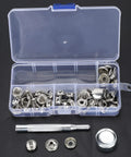 Stainless Steel Self Tapping Snap Button Kit With 62 Pieces Fasteners For Home Furniture Fixing Includes 20 Top Fasteners 20 Female Buckles 20 Male Buckles Mounting Rod And Durable Base Tool For Pro Grade DIY Projects, open case