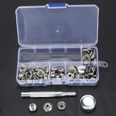 Stainless Steel Self Tapping Snap Button Kit With 62 Pieces Fasteners For Home Furniture Fixing Includes 20 Top Fasteners 20 Female Buckles 20 Male Buckles Mounting Rod And Durable Base Tool For Pro Grade DIY Projects, open case