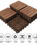 Interlocking Patio Deck Tiles 12x12 Inch Wood Floor Tiles Outdoor Flooring for Patio Garden Deck Poolside Brown All Weather Fir Wood PVC With Easy Snap Lock System No Hassle Setup Durable Exterior Flooring in stack with features icons