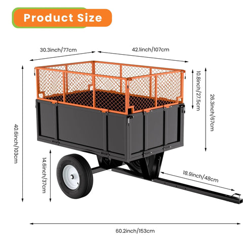 Rugged 17 Cu Ft Dump Trailer For ATVs With 750 Lb Capacity, Removable Sides, Collapsible Mesh Fence, Steel Cart, Orange Frame